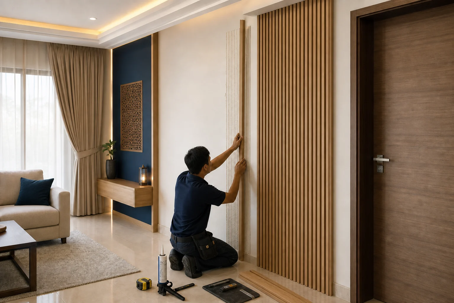 Panel beralur sebagai kemasan dinding atau elemen tumpu untuk ruang dalaman.