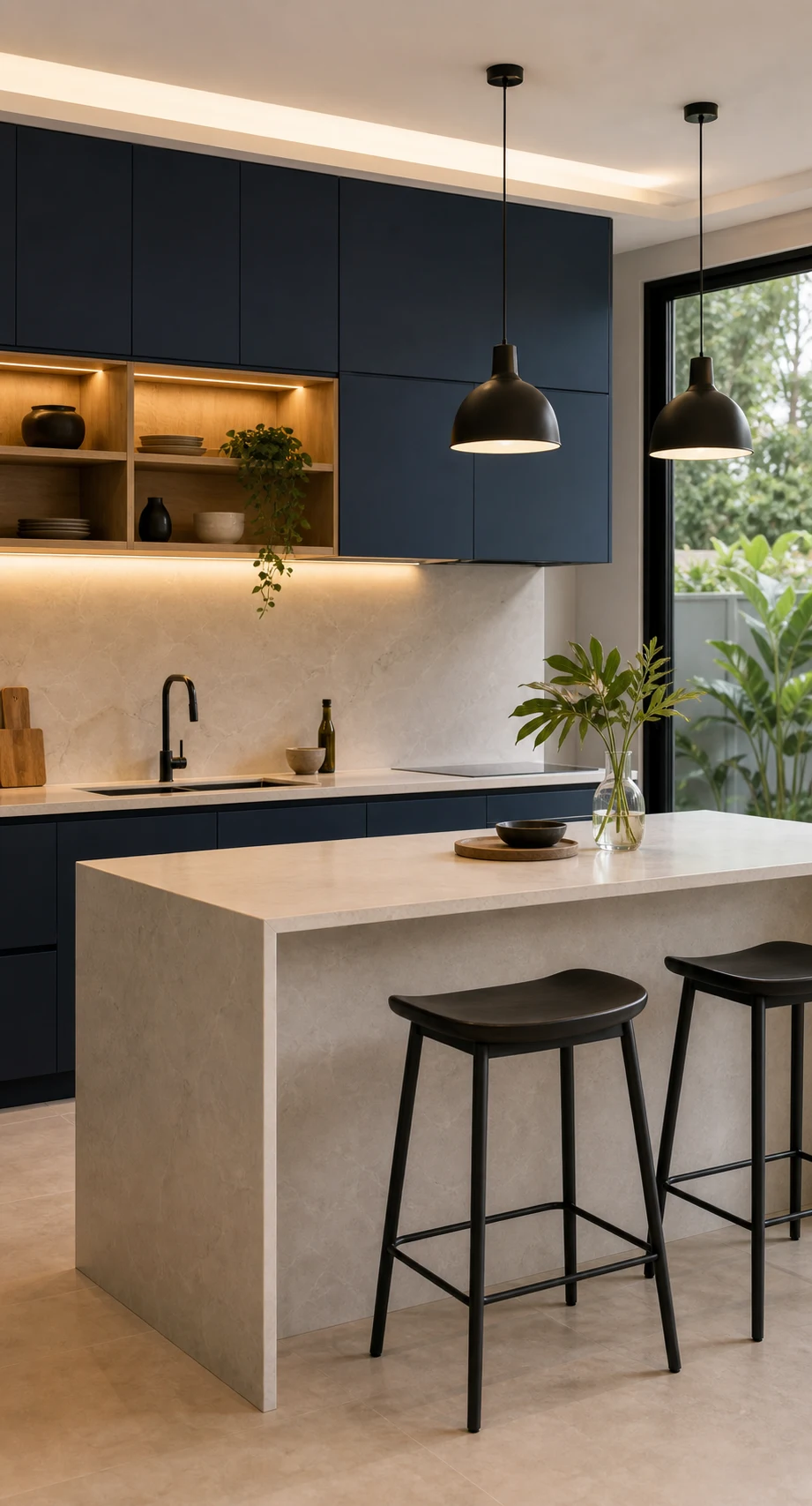 Dapur moden siap dengan kabinet biru gelap dan kaunter batu cerah