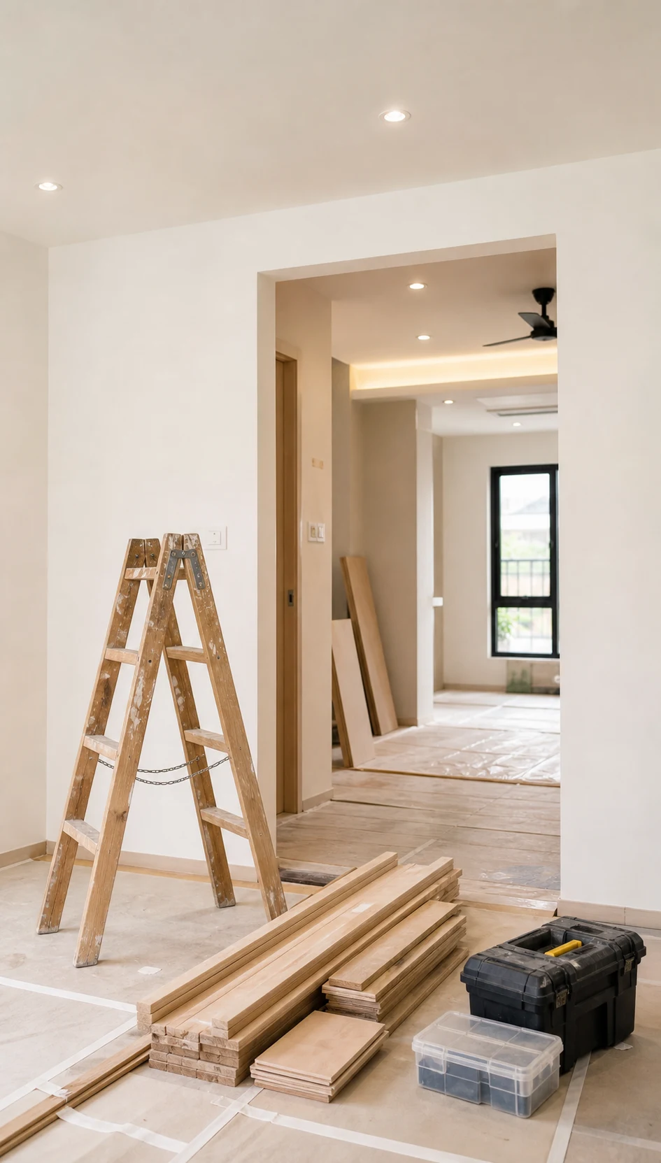 Ruang rumah yang sedang menjalani kerja renovation dengan tangga, kayu dan peralatan