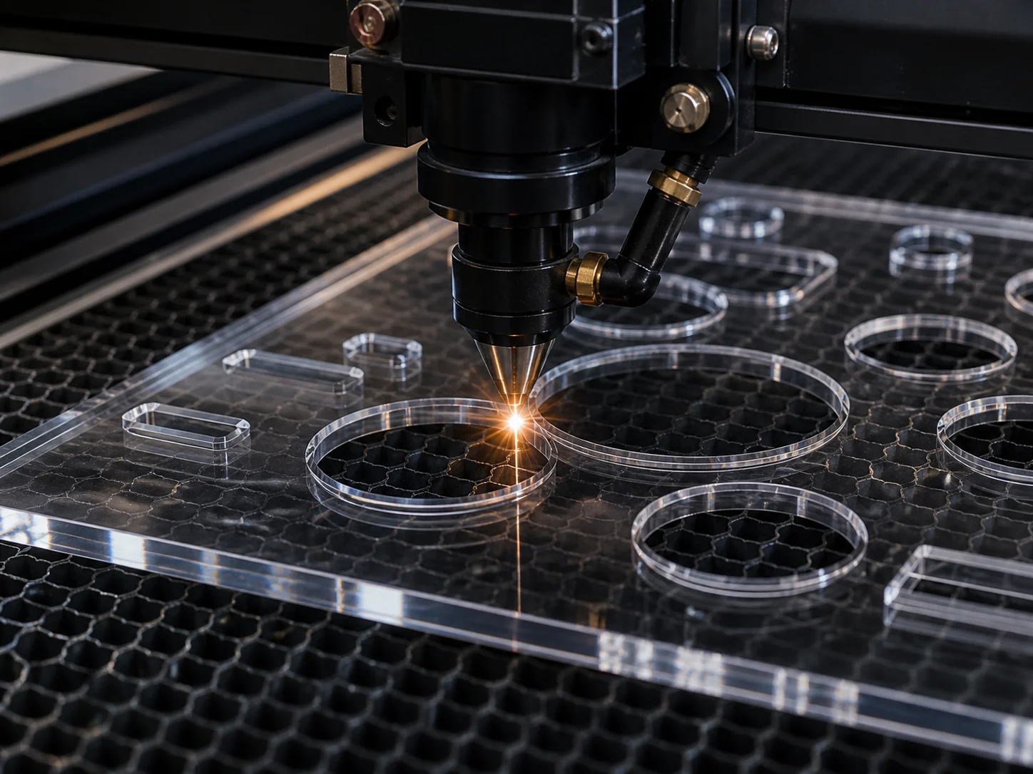 Potongan laser pada kepingan acrylic untuk bentuk, huruf dan komponen terpilih mengikut reka bentuk yang dipersetujui.